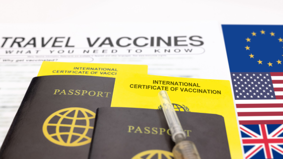 Document titled “Travel Vaccines” with two passports placed on top and various international flags to the right, symbolizing global travel, vaccination requirements, and health preparation for international trips.